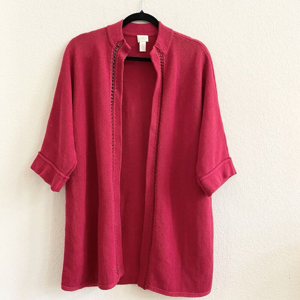 Chico's Red Cullen Crochet Chain Detail Dolman Slv Open Longline Cardigan 1 Med